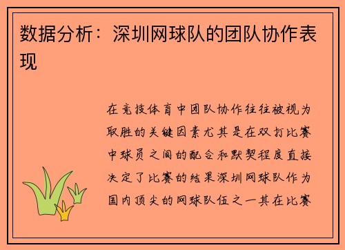数据分析：深圳网球队的团队协作表现