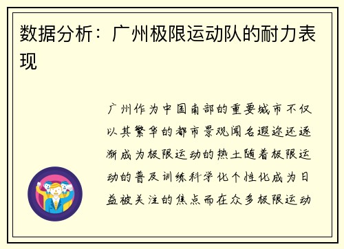 数据分析：广州极限运动队的耐力表现