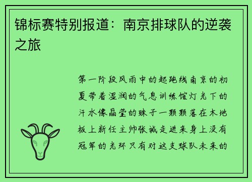 锦标赛特别报道：南京排球队的逆袭之旅
